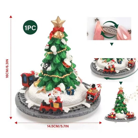 Rotating Musical Christmas Tree Figurine Resin Holiday Decoration w Santa Train - Picture 4 of 4